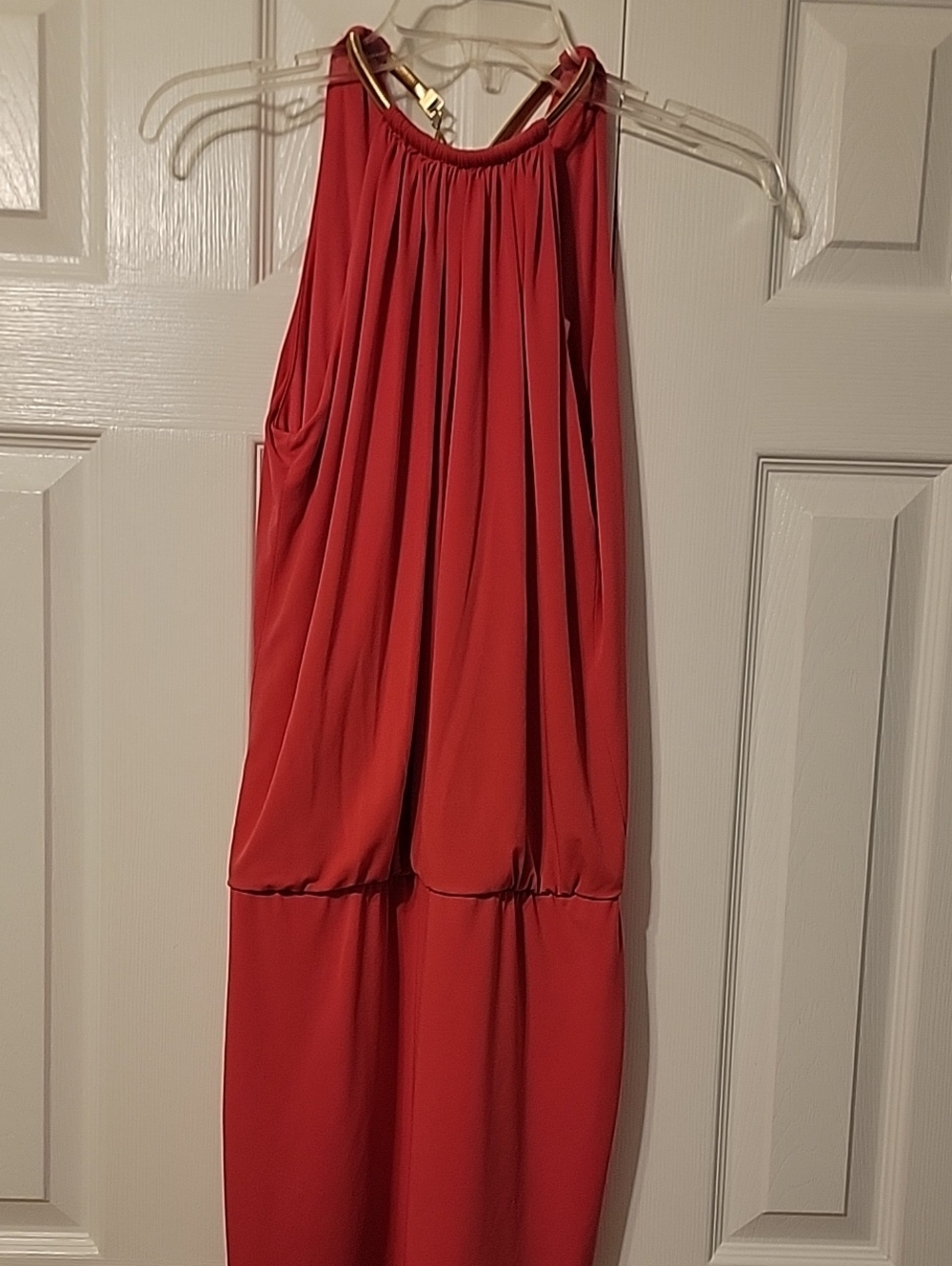 Jessica Simpson Coral Red One-Shoulder Maxi Dress with Gold Accent